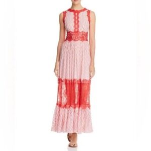 AQUA Lace Appliqué Polka Dot Maxi Dress Womens Small Coral White Feminine Dainty